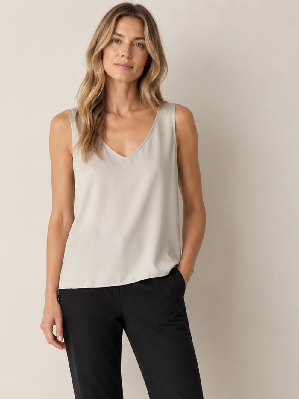 Eileen Fisher Stretch Silk Charmeuse Tank in Beige